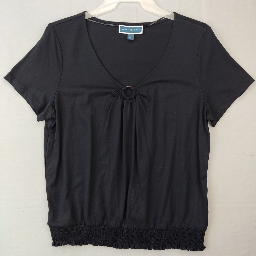 Karen Scott Top Women L Black V-Neck O-Ring Smocked Hem Short Sleeve Cotton